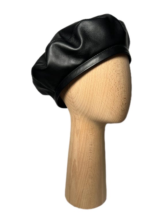 French beret handmade classic hat black genuine leather onesize