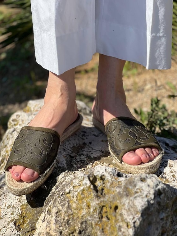 Espadrilles Green Leather Suede Denim Slippers Sandals low Jute Platform Handmade Limited by XIRA