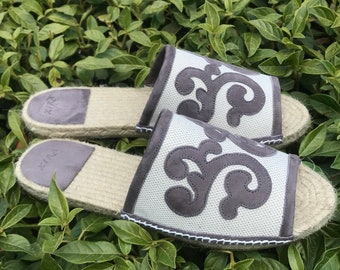 Espadrilles Grey Leather Suede Slippers low Jute Platform Handmade Limited by XIRA