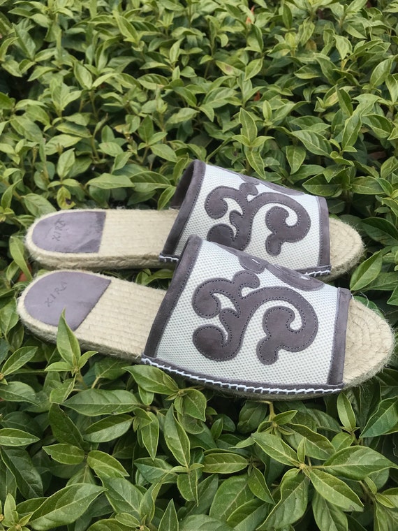 Espadrilles Grey Leather Suede Sandals low Jute Platform Handmade Limited by XIRA