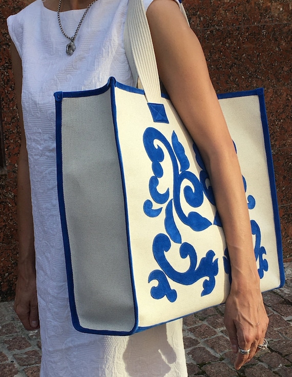 Tote Bag Blue Suede Handcrafted Linen Leather Shoulderbag Huge Floral Pattern