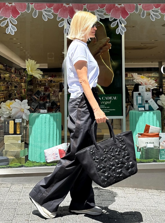 Handmade Black Denim Handbag: Genuine Leather Flower Applique