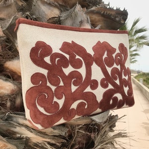 Saco de embreagem de linho bolsa grande terracota it couro camurça padrão beleza caso artesanal única cópia couture original