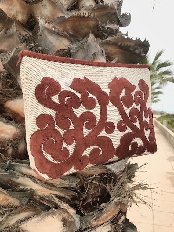 Linen Clutch Bag Handbag Large Terracotta IT Leather Suede Pattern Beauty Case Handmade Single Copy Couture Original