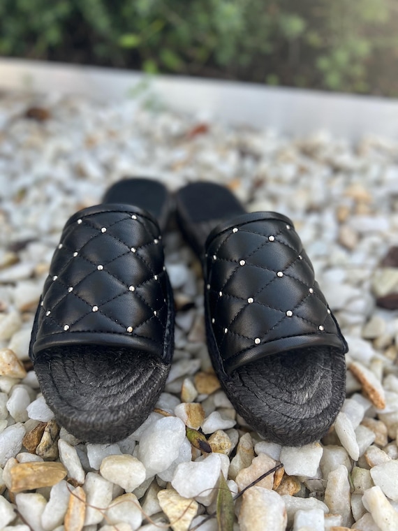 Espadrilles Handmade Black Leather Slippers Stitch Diamond Metal Spheres Low Jute Platform Slippers Limited Item by Xira