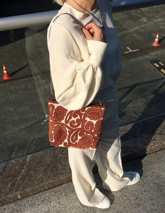 Handbag Brown Suede Mini Shoulder Bag Handmade Exclusive Brand New Single Product Clutch with Chain Couture