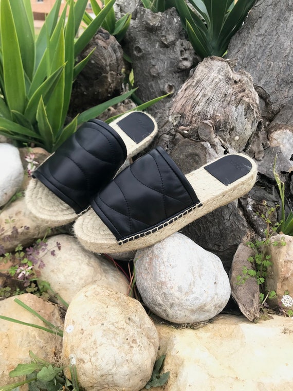 Espadrilles Classic Original Leather IT Black Striped Low Jute Platform  Handmade Limited Single Item by Xira