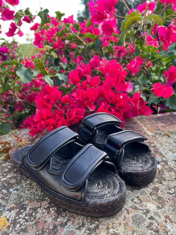 Slippers Sandals Genuine Leather Black Jute Platform Handmade Limited Birkenstocks