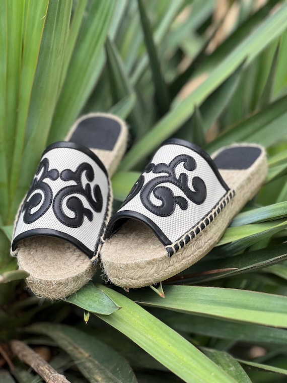 Espadrilles Slippers Black Genuine Leather High Jute Platform Summer Collection Handmade Limited