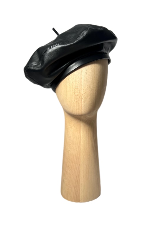 Beret handmade classic black hat genuine leather