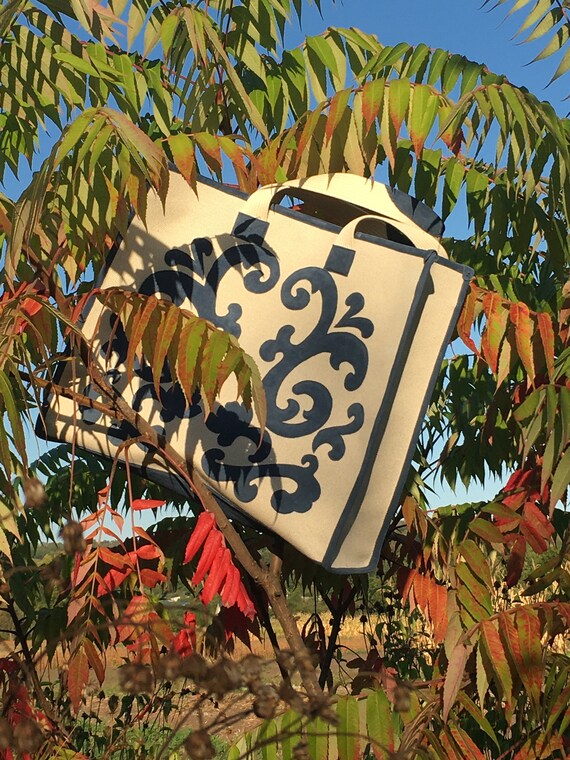 Tote Bag Blue Suede & White Linen Handmade Exclusive Shoulderbag with Huge Damask Floral Pattern