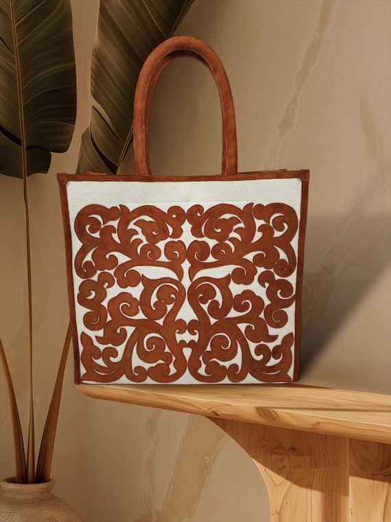 Terracotta Suede Bag White Linen Totebag Floral Pattern Handmade Shoulderbag Bookbag