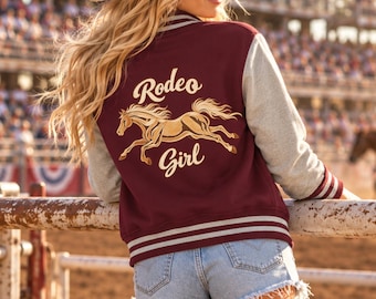 Personalized Rodeo Girl Varsity Jacket Cowgirl Outerwear Cotton Blend Letterman with Horse Graphic