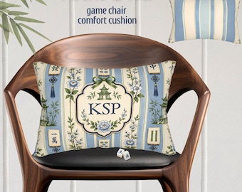 Custom Game Chair Pillow Mahjong Decor Lumbar Cushion Blue Chinoiserie Parlor Stripes 20x14