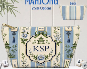 Custom Mahjong Tile Bag Blue Chinoiserie Accessories Parlor Stripes Pouch Mah Jongg Money Storage