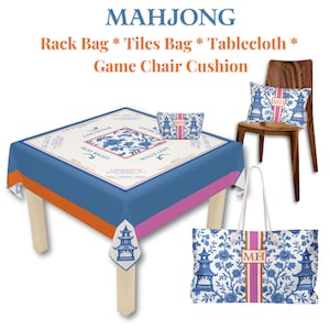 Mahjong Game Tote Bag | Monogram Mahjongg Rack Carryall Chinoiserie Mah Jongg Gift Pagodas Print image 7