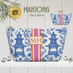 Mahjong-kakelväska | Monogrammad förvaringspåse för Mahjong-kakel i Chinoiserie-polyester med pagodtryck