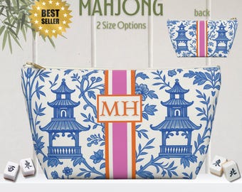 Mahjong Tile Tasche | Monogrammierte Mahjongg Tiles Aufbewahrungstasche Chinoiserie Polyester Carryall Pagode Print