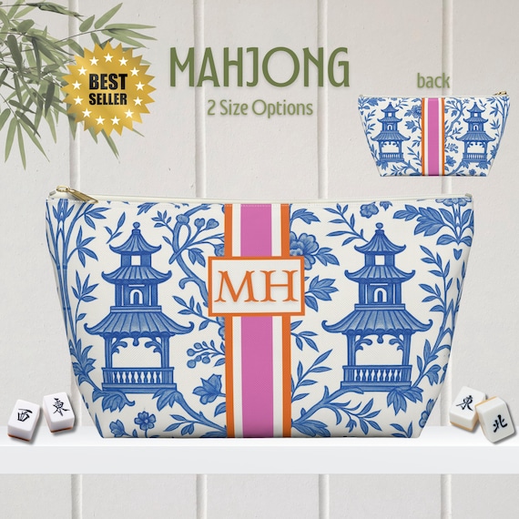 Mahjong Tile Bag | Monogrammed Mahjongg Tiles Storage Pouch Chinoiserie Polyester Carryall Pagoda Print