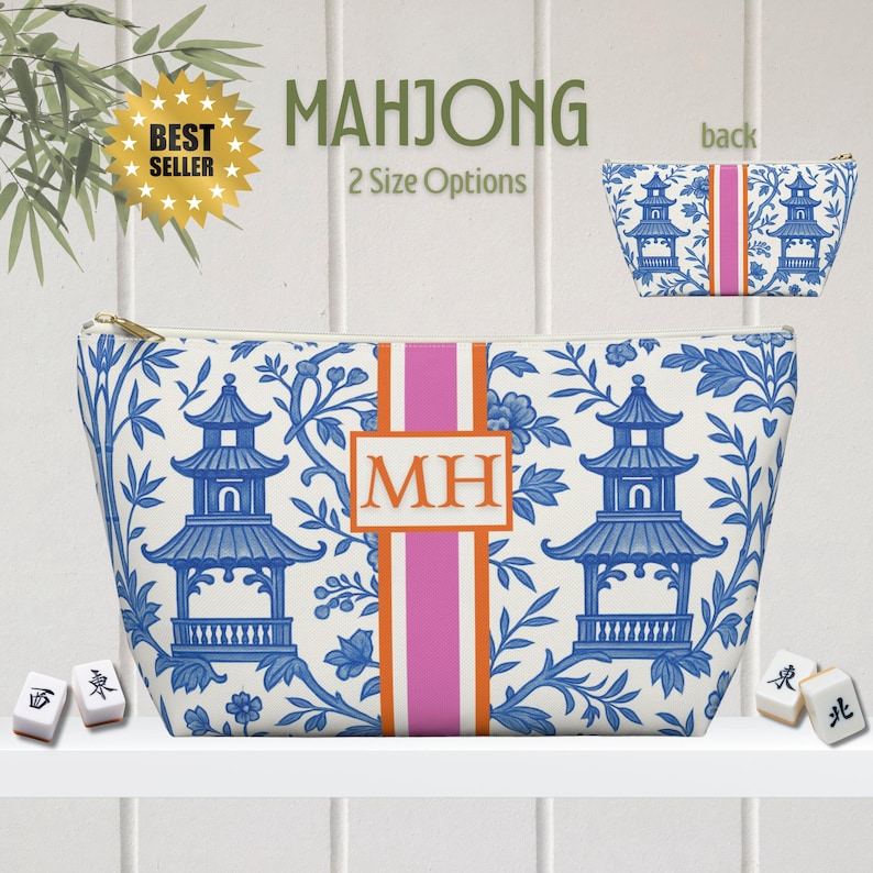 Mahjong Tile Bag | Monogrammed Mahjongg Tiles Storage Pouch Chinoiserie Polyester Carryall Pagoda Print image 1