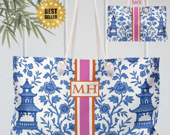 Mahjong Game Tote Bag | Monogram Mahjongg Rack Carryall Chinoiserie Mah Jongg Gift Pagodas Print