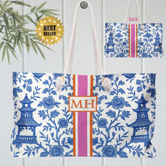 Mahjong Game Tote Bag | Monogram Mahjongg Rack Carryall Chinoiserie Mah Jongg Gift Pagodas Print