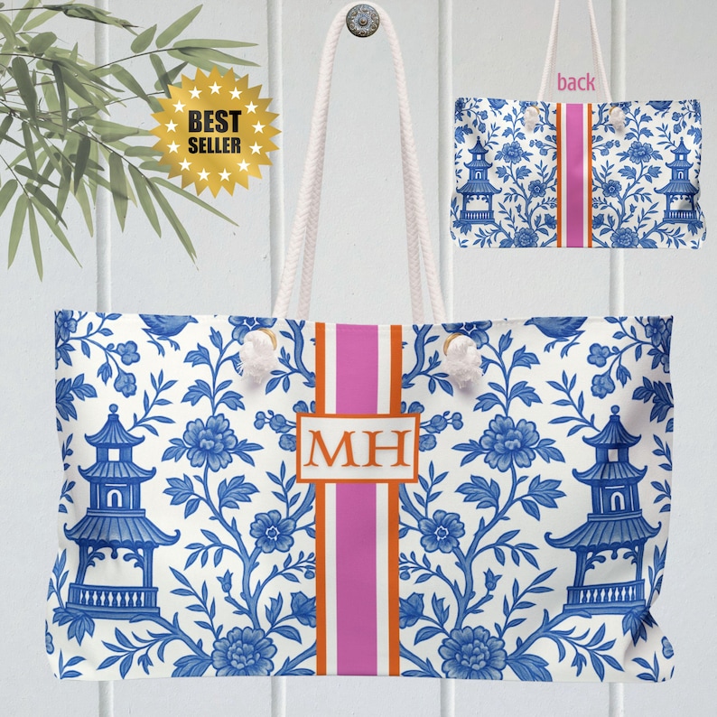 Mahjong Game Tote Bag | Monogram Mahjongg Rack Carryall Chinoiserie Mah Jongg Gift Pagodas Print image 1