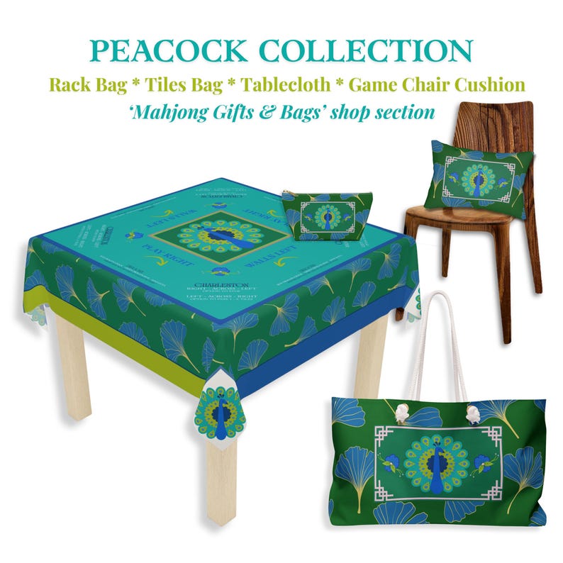 May include: A collection of peacock-themed items, including a tablecloth, chair cushion, tote bag, and rack bag. The items feature a teal, blue, and green color scheme with peacock and leaf designs. The tablecloth is on a wooden table.