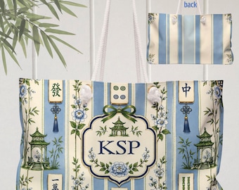 Custom Mahjong Tote Blue Chinoiserie Parlor Stripes Weekender Bag Mah Jongg Game Carryall