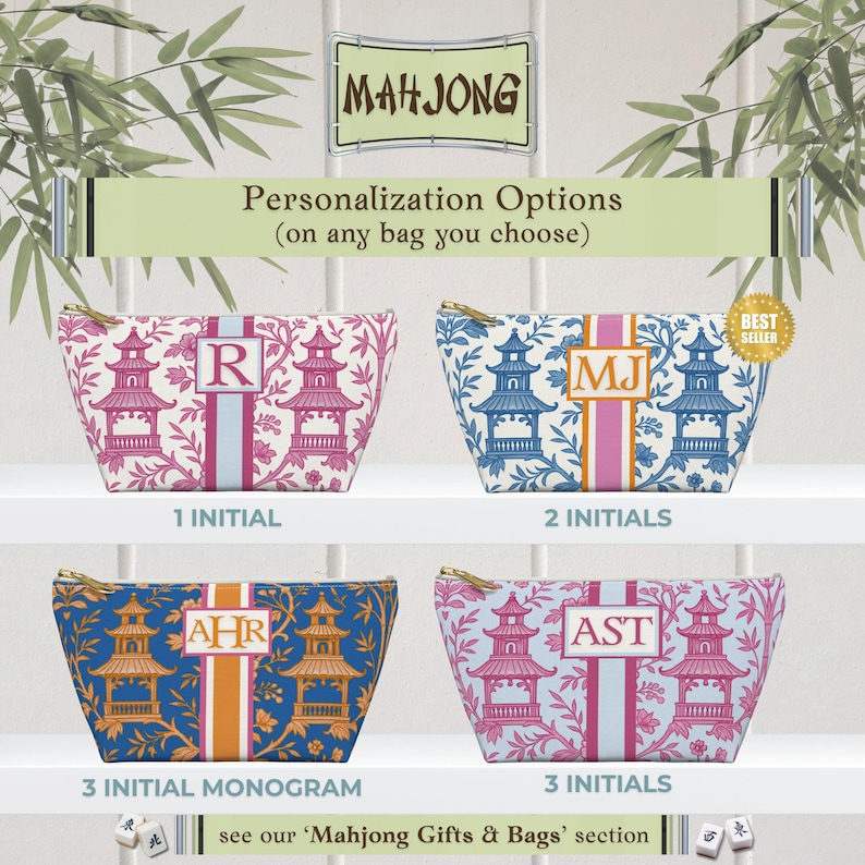 Mahjong Tile Bag | Monogrammed Mahjongg Tiles Storage Pouch Chinoiserie Polyester Carryall Pagoda Print image 4
