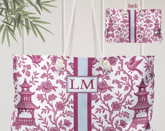 Custom Monogram Mahjong Rack Bag, Chinoiserie Mahjongg Gift, Pagodas Tote for Mah Jongg Lovers