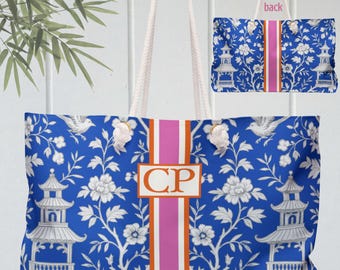 Mahjong Game Tote Bag | Custom Mahjongg Racks Tiles Carryall Chinoiserie Monogrammed Pagodas Mah Jong