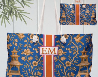 Mahjong Game Tote Bag | Monogram Mahjongg Chinoiserie Pagodas Print Mah Jongg Racks Carry All