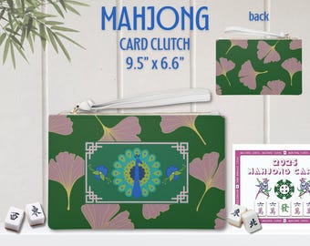 Mahjong Card Clutch Peacock Pink Ginkgo Chinoiserie Mahjongg Accessories Pouch Mah Jongg Lovers Gift