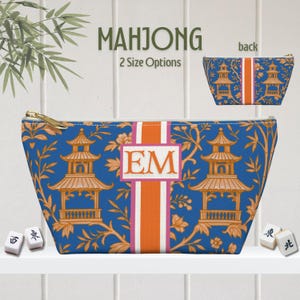 Mahjong Tile Bag | Monogrammed Chinoiserie Custom Tiles Storage Pouch Pagoda Print 2-Sizes
