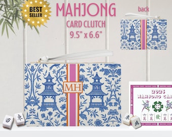Mahjong Card Clutch | Custom Mahjong Cards Carrier Chinoiserie Pagoda Personalized Game Night Wristlet
