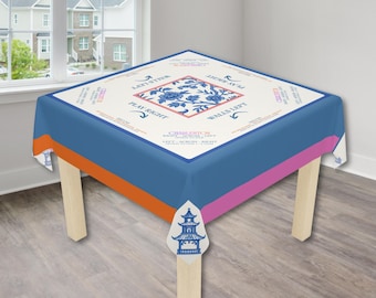 Mahjong Game Tablecloth Charleston Guide Pagoda Print Floral Blue White Chinoiserie Design Square 55x55