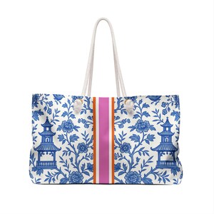 Mahjong Game Tote Bag | Monogram Mahjongg Rack Carryall Chinoiserie Mah Jongg Gift Pagodas Print image 5