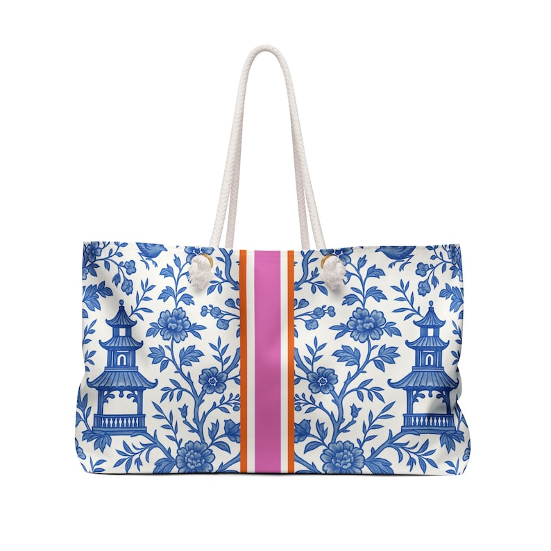 Mahjong Game Tote Bag | Monogram Mahjongg Rack Carryall Chinoiserie Mah Jongg Gift Pagodas Print image 5