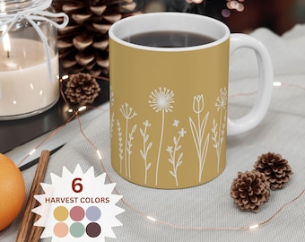 Yellow Floral Coffee Line Art Mug: Cottagecore 11oz Tea Cup, Plant Lover Housewarming
