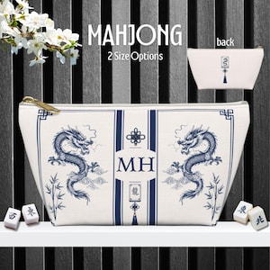 Mahjong-kakelväska, blå Chinoiserie-drakedesign, monogram-personaliseringsväska