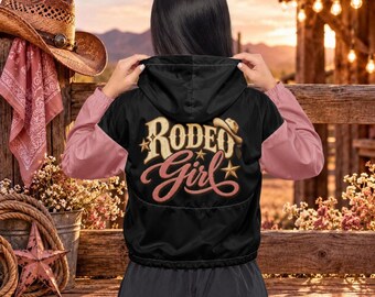 Rodeo Girl Jacket, Black and Dusty Rose Cropped Polyester Windbreaker
