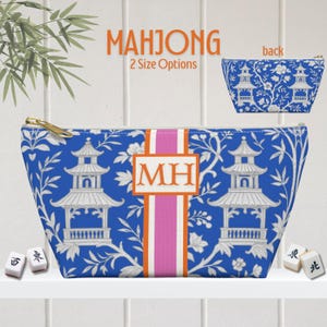 Mahjong Tile Bag | Monogram Initials Mahjongg Tiles Storage Pouch Chinoiserie Custom Carryall Pagoda Print