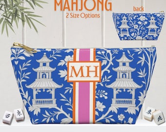 Mahjong Tile Tasche | Monogramm Initialen Mahjongg Tiles Aufbewahrungsbeutel Chinoiserie Custom Carryall Pagode Print