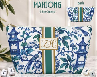 Personalized Mahjong Tile Bag Chinoiserie Mahjongg Pouch Custom Monogram Mah Jongg Blue Green