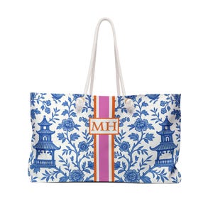 Mahjong Game Tote Bag | Monogram Mahjongg Rack Carryall Chinoiserie Mah Jongg Gift Pagodas Print image 2