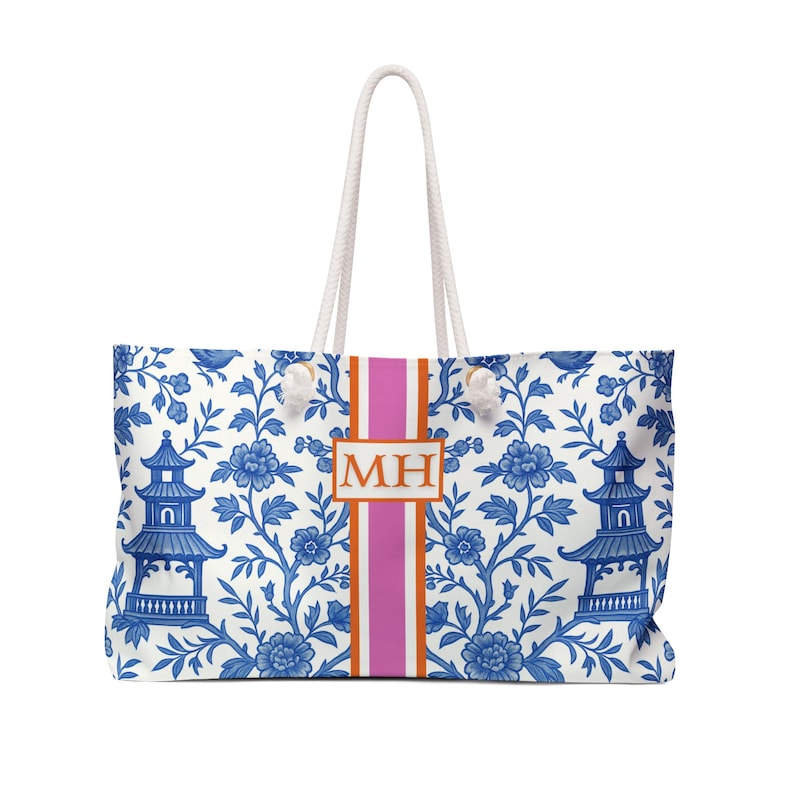 Mahjong Game Tote Bag | Monogram Mahjongg Rack Carryall Chinoiserie Mah Jongg Gift Pagodas Print image 2