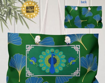 Mahjong Tote Bag Peacock Ginkgo Mahjongg Chinoiserie Mah Jongg Game Night Large Carryall