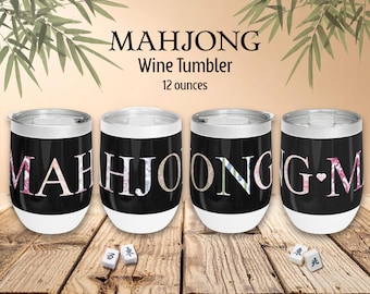 Mahjong Club Wine Tumbler Chinoiserie Mahjongg Cup Spelled Fabric Letters Wrap Design 12oz