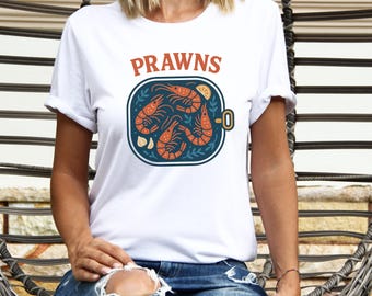 Retro Tin Fish Shirt: Prawns Seafood Graphic Tee, Coastal Kitchen